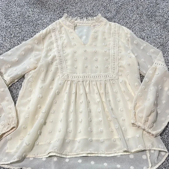 Like New Elegant Cream Swiss Dot Blouse with Lace Detailing - Picture 2 of 11